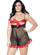 Sexy babydoll, see-through mesh, open cups, satin bow, plus size
