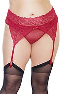 Crotchless panties, built-in garter belt, floral lace, mesh inlay, plus size