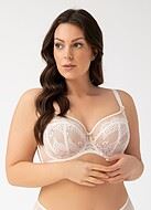 Romantic big cup bra, tulle, sheer inlays, eyelash lace, D to K-cup