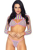Playful lingerie set, fishnet, long sleeves, rainbow color