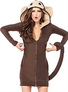 Female monkey, costume dress, hood, front zipper, tail