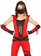 Female ninja (aka kunoichi), costume catsuit, hood, dragon