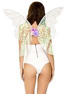 Costume wings, glitter, iridescent fabric, roses
