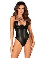 Provocative teddy, faux leather, crossing straps, lace inlay