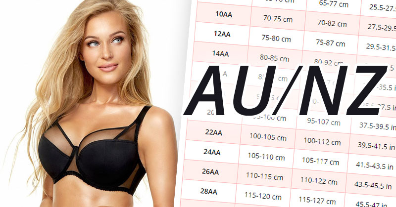 Australian / AU and New Zealander / NZ bra sizes, with measurements in centimeters and inches