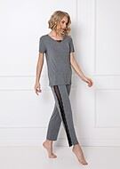 Top and pants pajamas, lace inlays, short sleeves, V-neckline