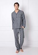 Men's top and pants pajamas, long sleeves, pocket, checkered pattern