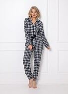 Top and pants pajamas, bow, long sleeves, pocket, checkered pattern