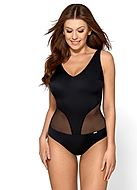 One-piece swimsuit, smooth microfiber, mesh inlay, real bra cups