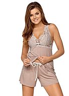 Top and shorts pajamas, lightly padded cups, floral lace, small dots