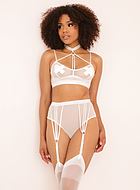 Romantic lingerie set, sheer mesh, straps, built-in garter belt strap, choker