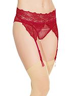 Crotchless panties, built-in garter belt, floral lace, mesh inlay