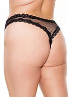 Thong, sheer mesh, open crotch, lace edge, small dots, plus size