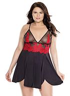 Romantic babydoll, embroidery, slit, mesh inlay, plus size