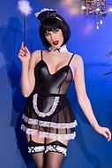 French maid, costume lingerie, wet look, open crotch, ruffle trim, mesh inlay