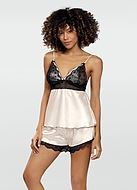 Top and shorts pajamas, satin, thin shoulder straps, lace cups