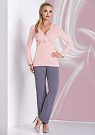 Top and pants pajamas, lace trim, long sleeves, V-neckline