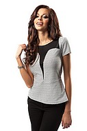 Patterned peplum top, short sleeves, leather inlay