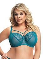 Big cup bra, sheer mesh, embroidery, wide shoulder straps, straps over bust, D to M-cup
