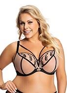 Big cup bra, embroidery, wide shoulder straps, straps over bust, mesh overlay, C to M-cup
