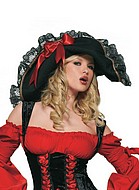 Kvinnelig piratkaptein, kostyme-hatt, kniplinger, stort bånd