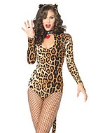 Leopardin (Frau), Kostüm-Dessous-Body, lange Ärmel, Schwanz, Tiermotiv Druck