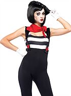 Female mime, body costume, sequins, suspenders, heart, vertical stripes
