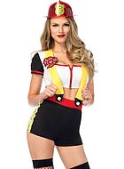 Female fire fighter, top and shorts costume, front zipper, suspenders