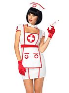 นางพยาบาล, ชุดแต่งกายแบบชุดกระโปรง, โบว์ใหญ่, ปกเสื้อ, แขนสั้นล้ำจากไหล่เล็กน้อย, ผ้ากันเปื้อน