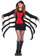 Spider, costume dress, long sleeves, hood, front zipper, spider legs