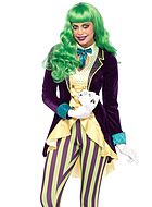 Female Joker from Batman, costume top and leggings, bow, ruffle trim, velvet, vertical stripes