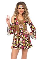 Weibliche Flower-Power-Hippie, Kostüm-Kleid, Schnürung, Fransen, Cold Shoulder