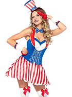 Weibliche amerikanische Patriotin, Kostüm-Kleid, Tasten, Sterne, Streifen