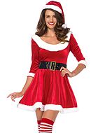 Female Santa Claus, costume dress, velvet, long sleeves, belt, plush trim