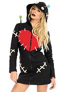 Voodoo doll, costume dress, front zipper, buttons, heart, stitches