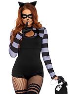 Cat burglar, costume romper, long sleeves, suspenders, keyhole, tail, horizontal stripes