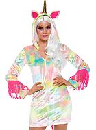 Unicorn (woman), costume dress, fringes, front zipper, ears, horn