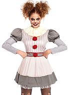 Gruseliger Clown aus ES (Frau), Kostüm-Kleid, lange Ärmel, Bommelknöpfe, Kragen, Streifen