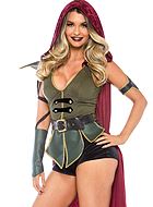 Kvinnelig Robin Hood, maskeradekostyme med topp og shorts, belte, hette, fløyel