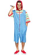Chucky from Child's Play, costume jumpsuit, hood, front zipper, horizontal stripes