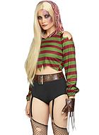 Female Freddy Kruger, top and shorts costume, hood, cold shoulder, horizontal stripes