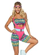 Women's 80s workout cloth, top and shorts costume, belt, leopard