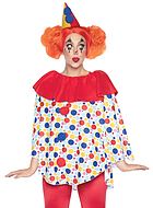 Female circus clown, costume poncho, pom pom, polka dot