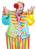 Circus clown, jumpsuit costume, necktie, colorful stripes