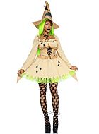 Witch, costume dress, lacing, long sleeves, ruffle trim, spider