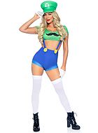 Female Luigi from Super Mario, top and shorts costume, buttons, suspenders, mustache