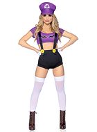 Kvinnelig kriger fra Super Mario Bros, maskeradekostyme med topp og shorts, knapper, kryssende stropper, stjerne, bart