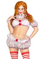 Gruseliger Clown aus ES (Frau), Kostüm mit Top und Shorts, Rüschenbesatz, Bommel, Puffärmel