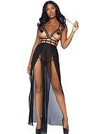Long negligee, sheer mesh, open cups, cage bra, high slit