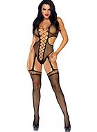 Revealing bodystocking, small fishnet, lacing, built-in stockings